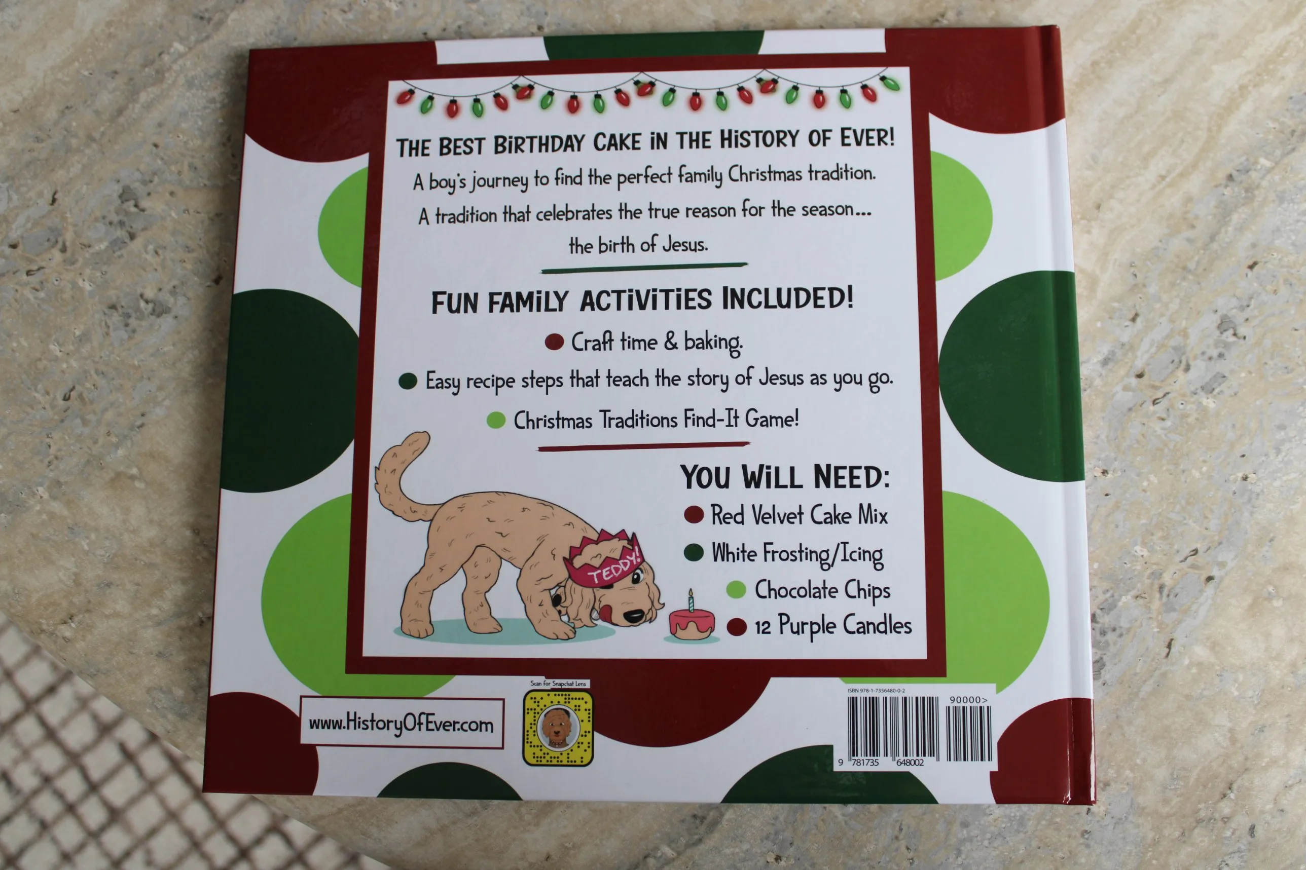 Back cover of the book listing the included family activities and ingredients