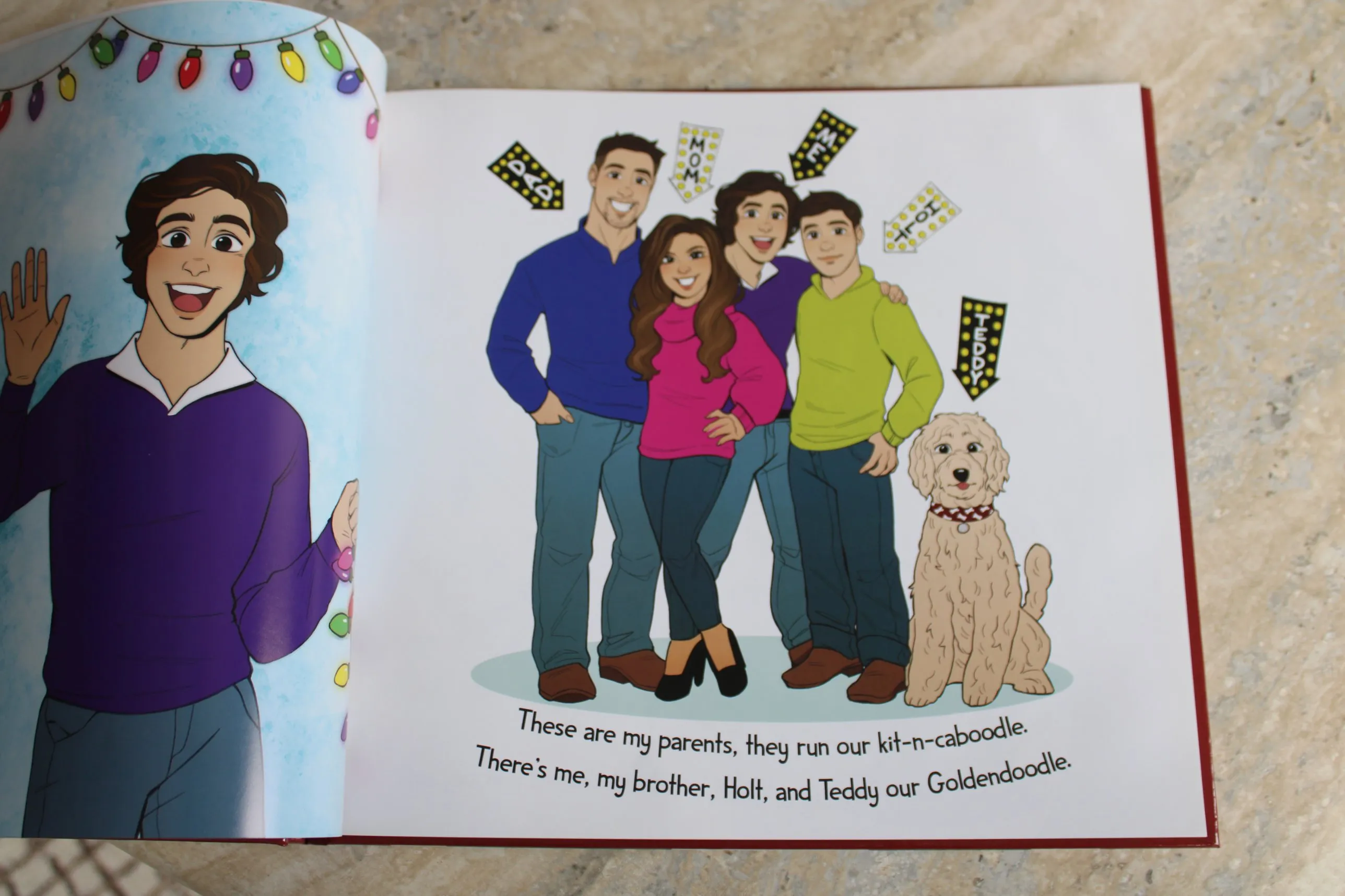 Interior spread introducing Hayes, his parents, his brother Holt, and Teddy the Goldendoodle